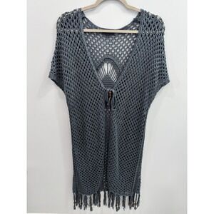 Artesia XL Crochet Fringe Cardigan Beach Cover Up Open Knit Blue Hippie Boho